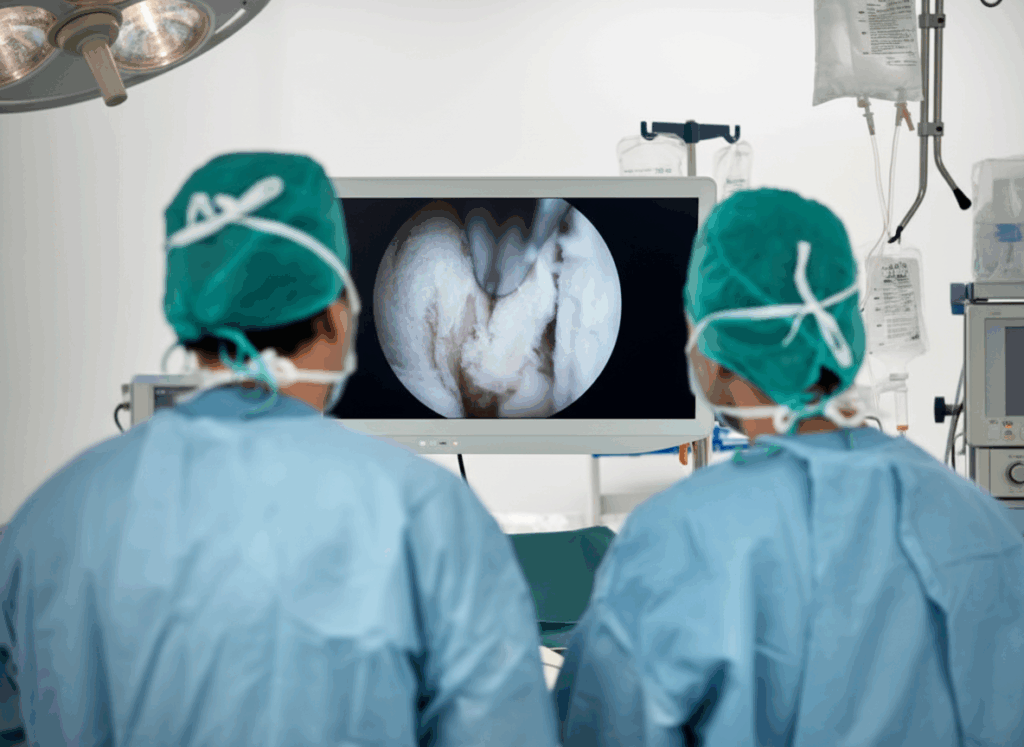 Two surgeons look at the arthroscope monitorduring arthroscopic procedure