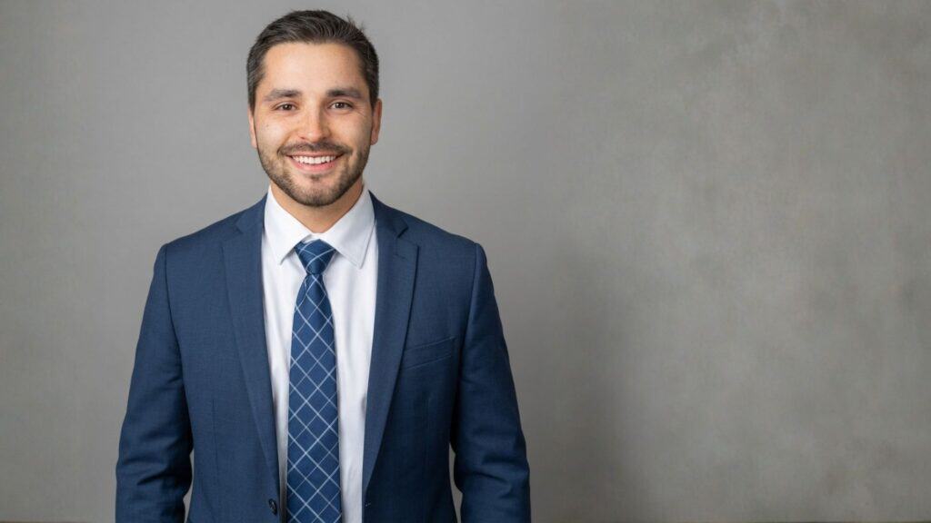 Smiling businessman in blue suit and tie against gray background.