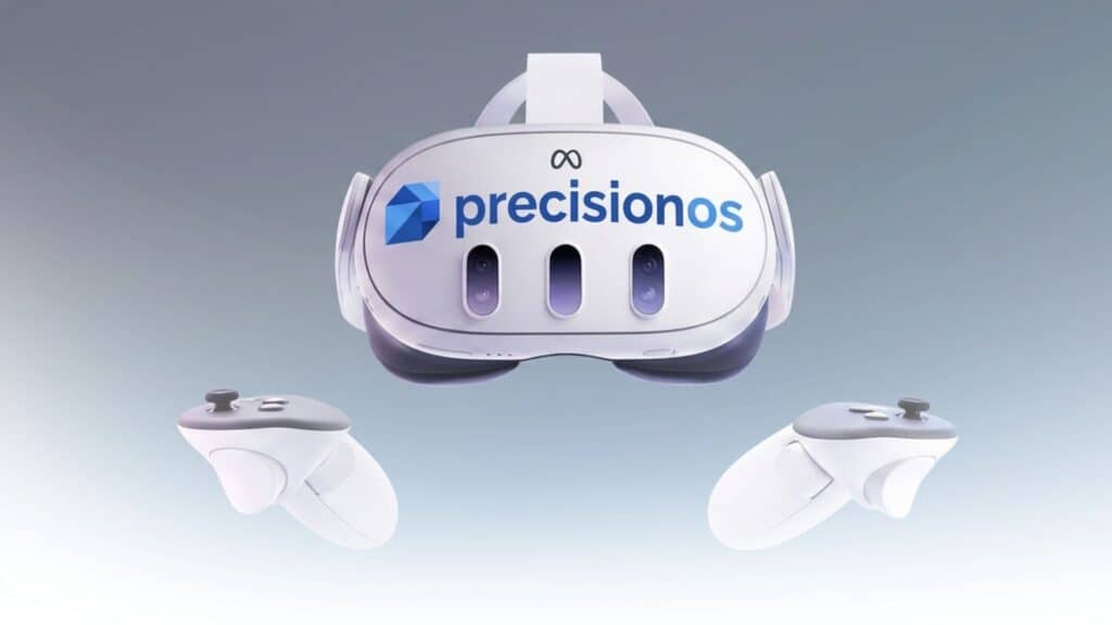 PrecisionOS virtual reality headset with controllers for dental training and simulation.