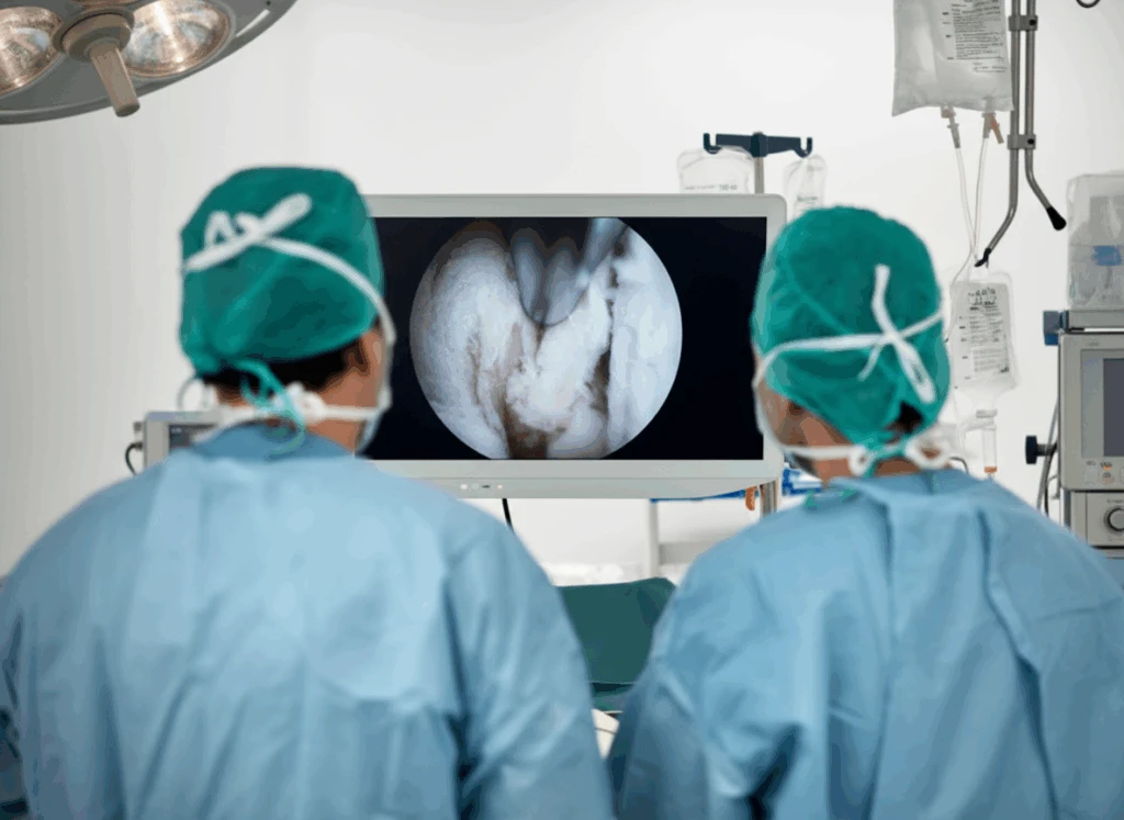 Two surgeons look at the arthroscope monitorduring arthroscopic procedure